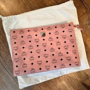MCM Pink Logo Zip clutch with Gold Plaque
